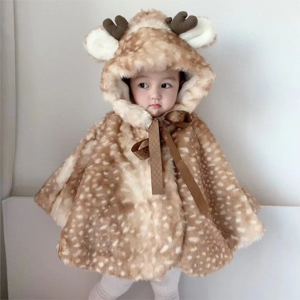 25 Baby Girls Winter Clothing Cute Deer Hooded Cloak Fake Fur Thick Warm Overcoats,fashion Kids Children Birthday Clothes 2-9Y