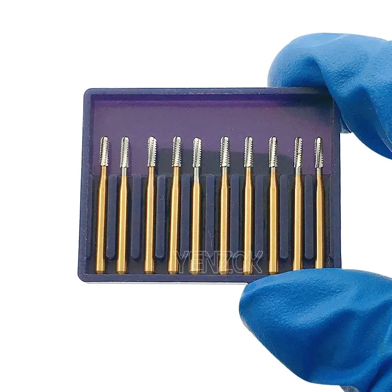 10 pçs/caixa dental tungstênio aço carboneto burs coroa corte de metal burs FG-1957/1958 materiais odontológicos