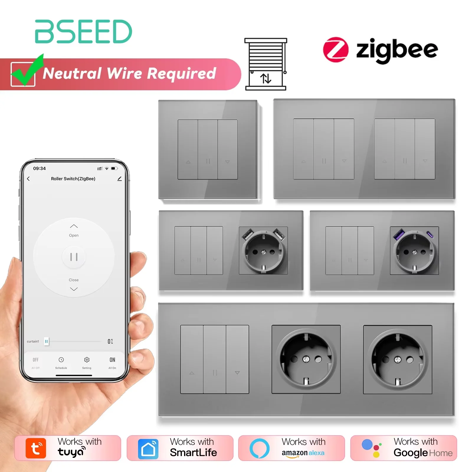 

BSEED Zigbee Roller Shutter Switch Mechanical Smart Blind Switches Tuya Alexa App With Power EU Socket USB Type-c Charging Ports