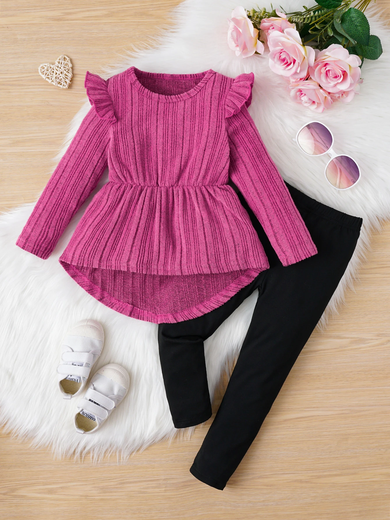 2PCS Spring Autumn Girls Hoodie with Lace Round Neck Long Sleeved Striped Knit Top Solid Color Pants Fashionable Children's Set