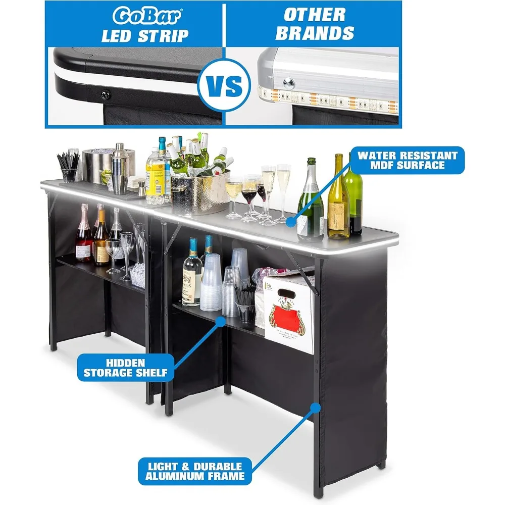 Ensemble de table portable à double bar avec lumières LED multi-documents, station de barman mobile pour événements, étui de transport inclus