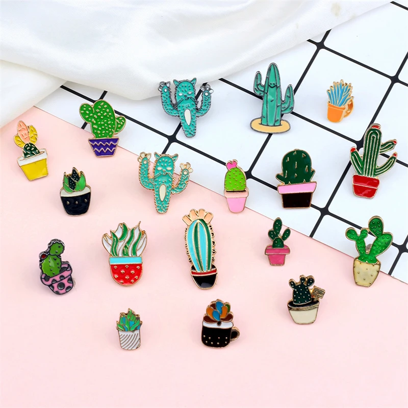 Wholesale Plant Cartoon Brooches Cute Mini Cactus Potted Prickly Pear Enamel Pins Jackets Lapel Pin Bag Icon Badge Women Jewelry