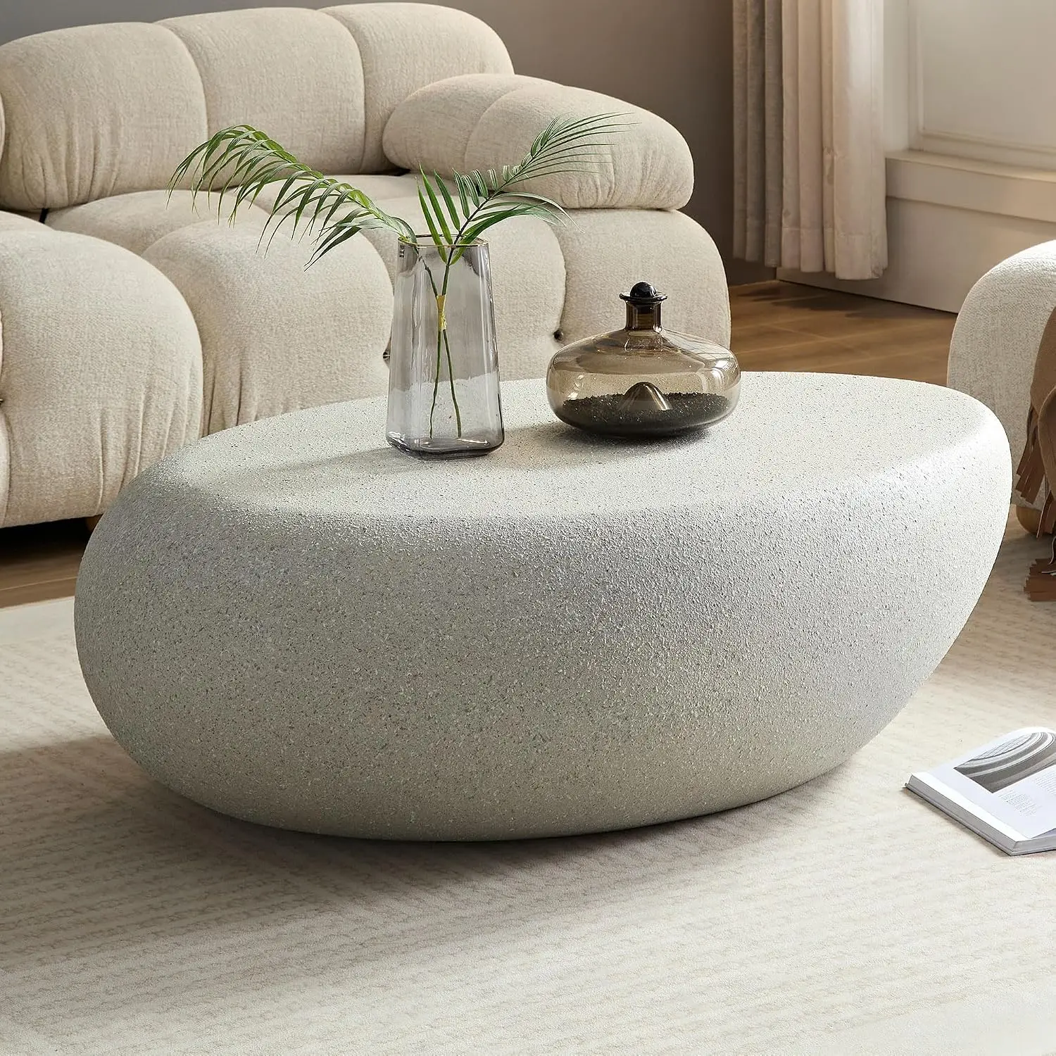 Oval Coffee Table Grainy Rocks Pattern, Modern Irregular Travertine Faux Stone Drum Table Living Room No Assembly, Customized