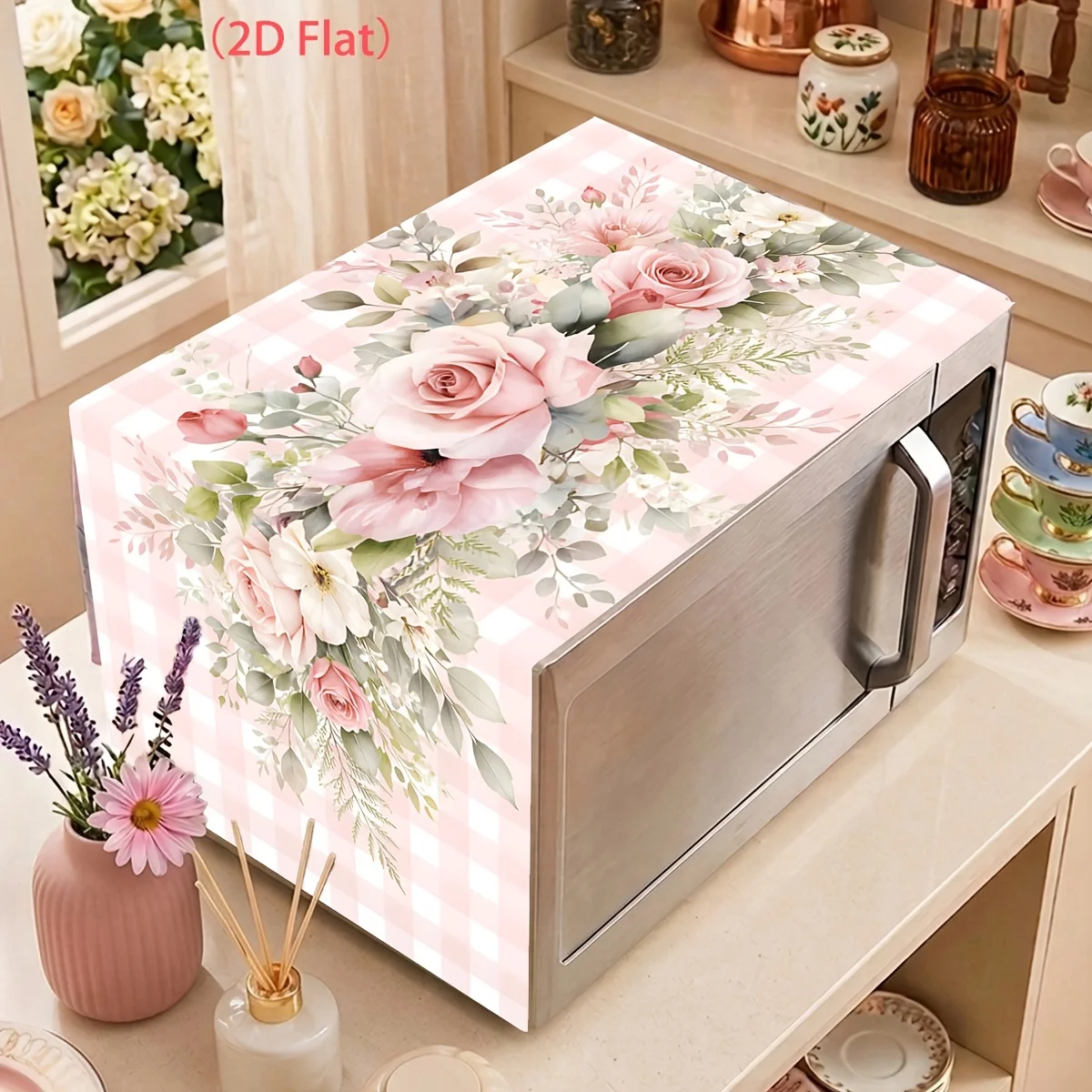 VIKAMA Pink Gingham Roses Floral Microwave Oven Dust Cover Polyester Appliance Protector Kitchen Decor for Fridge Washer Dryer