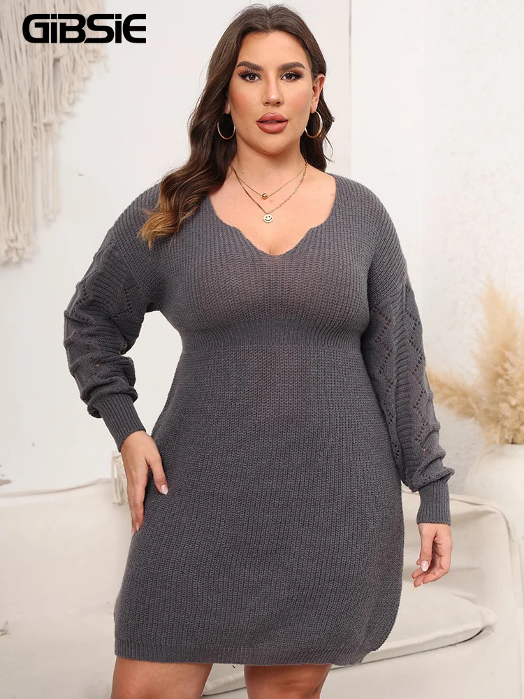 GIBSIE Plus Size Women Knitted Sweater Dresses 2023 Autumn Winter Solid Casual Knitwear High Waist V Neck Pullover Mini Dress