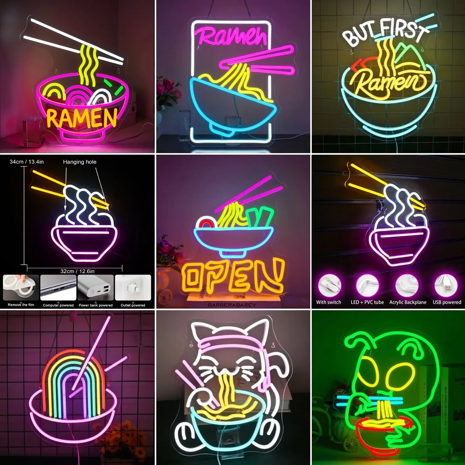 

Неоновая вывеска на рамен для украшения стен, акриловая подсветка с питанием от USB, лампа для украшения дома, детской лапши, магазина, комнаты, художественная лампа с логотипом