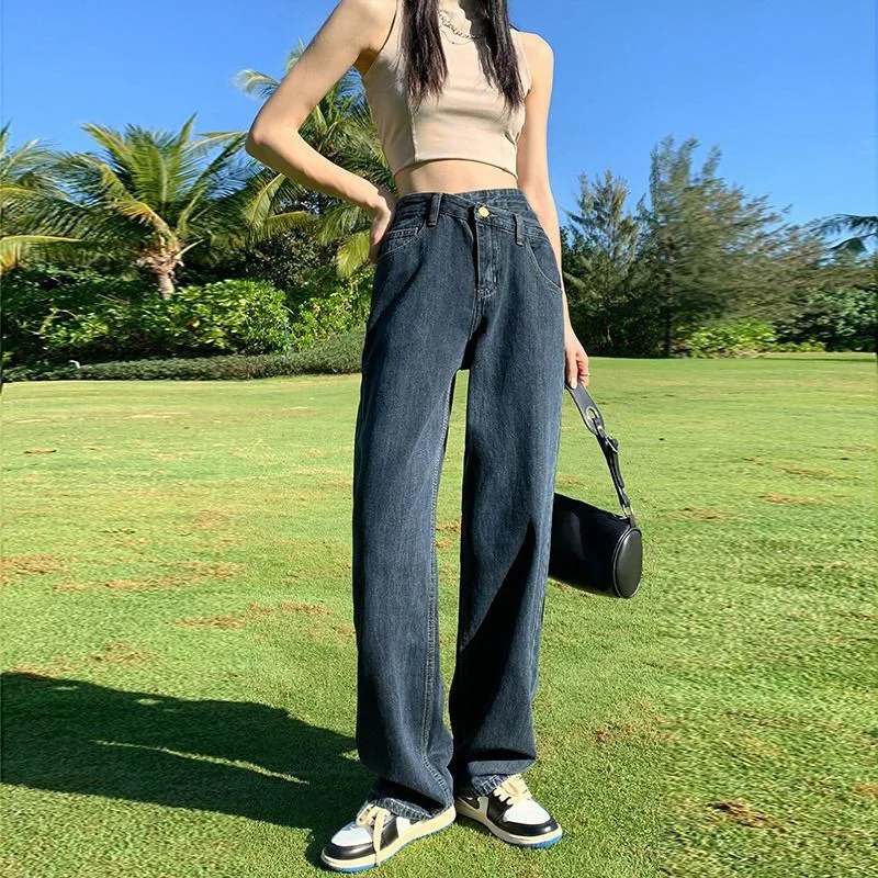 Irregular Slant Buckle High Waist Wide Leg Jeans Women's Autumn Winter Loose Straight Casual Floor Length Pants