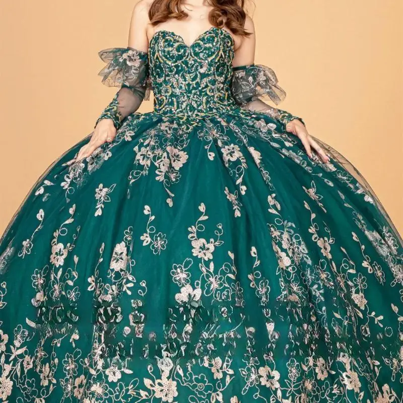 

Изумрудно-зеленые платья Quinceanera по индивидуальному заказу, длинное платье с блестками и принтом, аппликация, съемный колокольчик