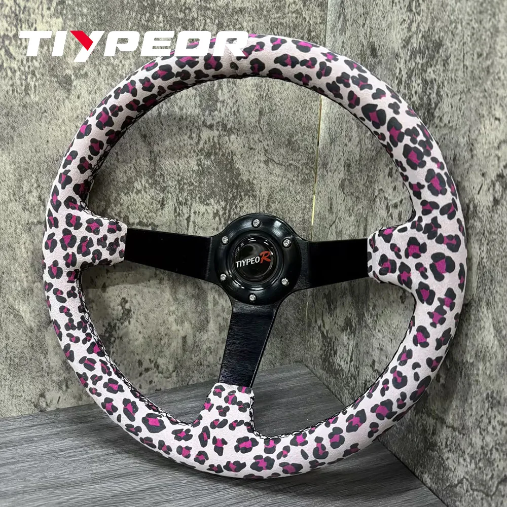 

Hot Sale High Quality Pink Leopard Print Suede Leather Steering Wheel Fashion Popular Car Steering Wheel 350MM 14 Inch