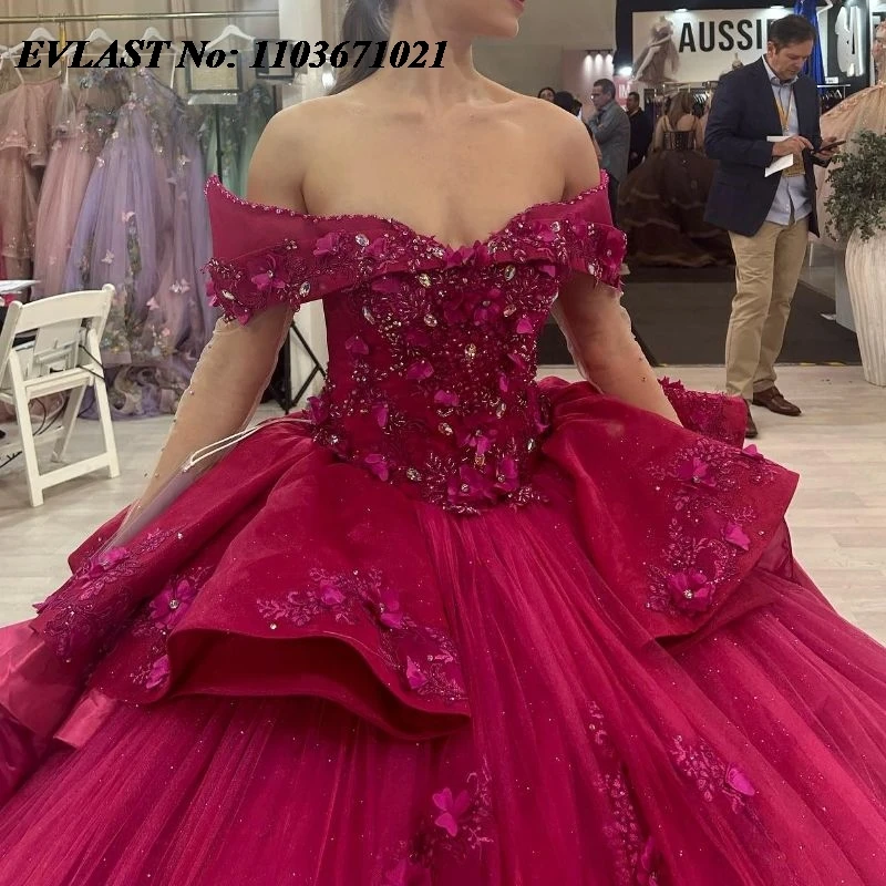 EVLAST-Robe de Quinceanera bordeaux mexicaine, robe de Rhflorale, appliques en dentelle, perles à plusieurs niveaux, Sweet 16, XV15 Anos, SQ136