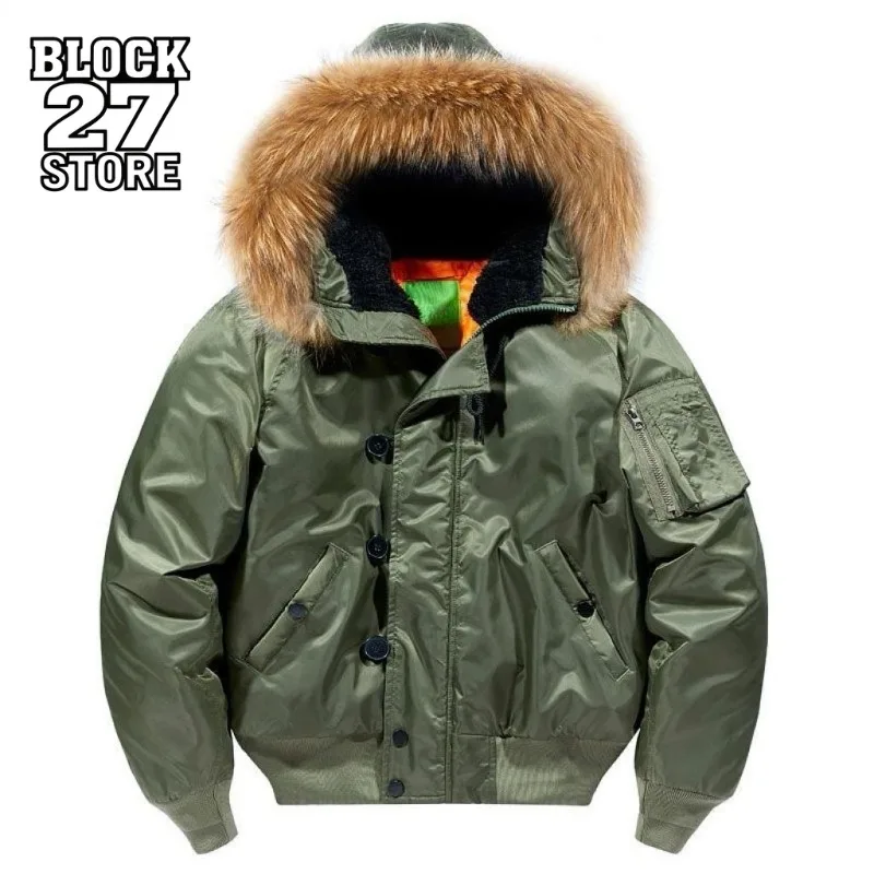 Mens Jacket Harajuku Winter Thick Warm Fur Collar Padded Flight Bomber Aviator Jacket Casual Sport Streetwear Fashion Outerwear