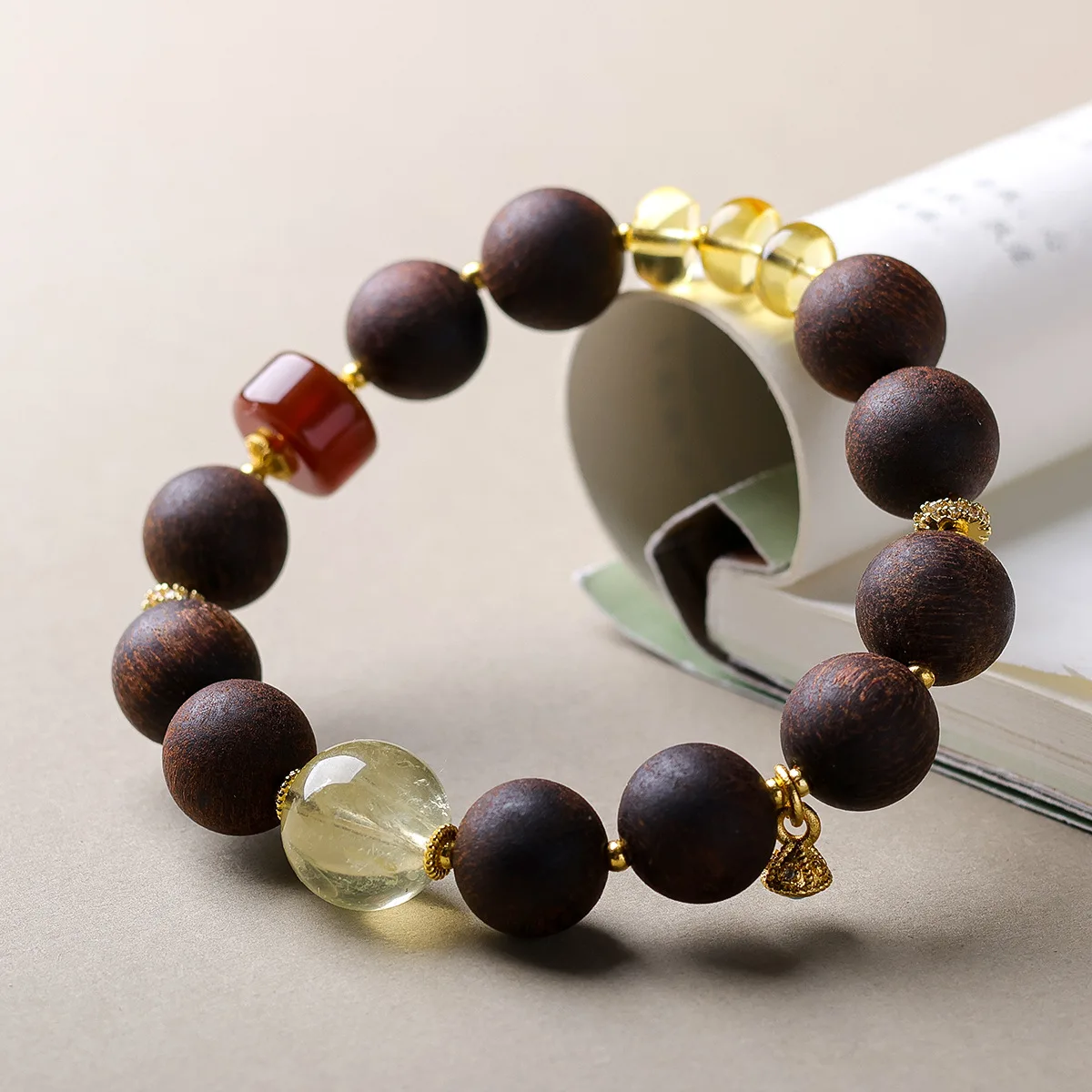 Natural Citrine Amber Dalbergia Odorifera Bracelet New Chinese Style Wooden Beaded Bracelet for Women Gifts