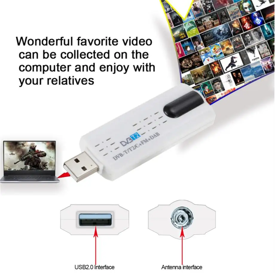 Digital Satellite DVB T2 USB TV Stick Tuner with Antenna Receiver Remote Control HDTV For DVB-T2/DVB-C/FM/DAB Laptop PC TV