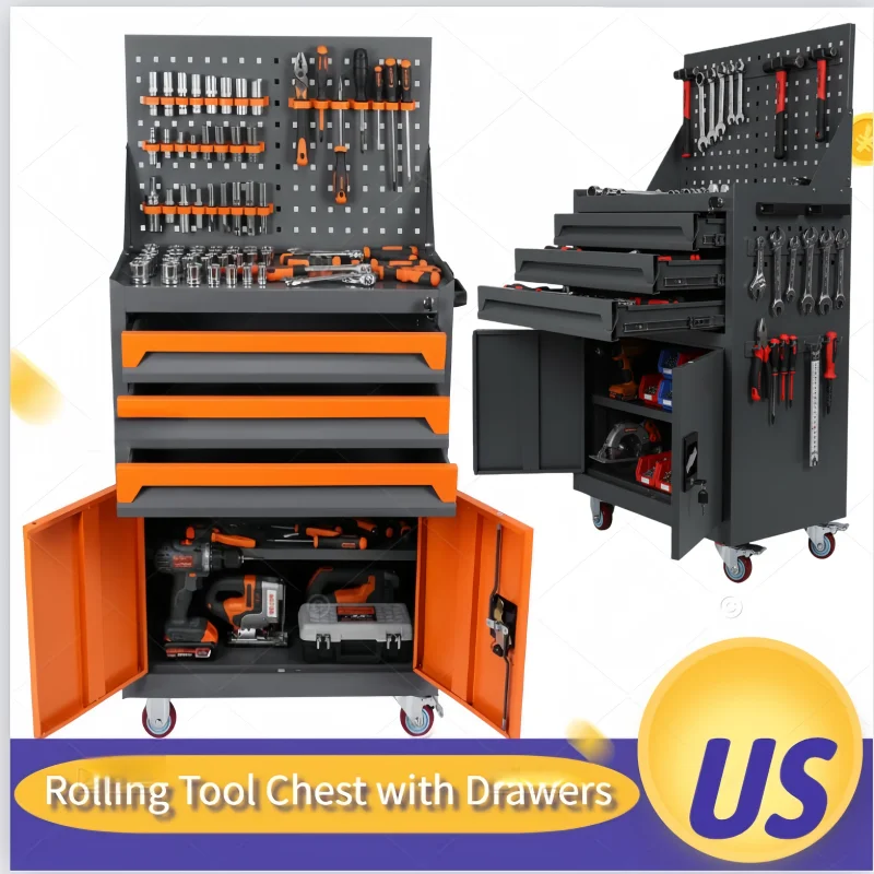 Double Door Three Drawer Rolling Tool Chest Lockable Detachable Top Large Tool Cabinet Padded Metal Toolbox Auto Repair Tool
