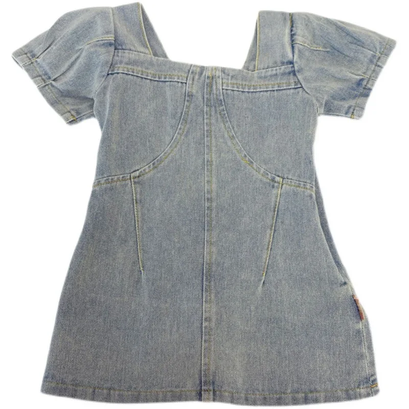 Summer Baby Girl Denim Short-sleeved Dress Children Kids Girls Jean Puff Sleeve Dresses