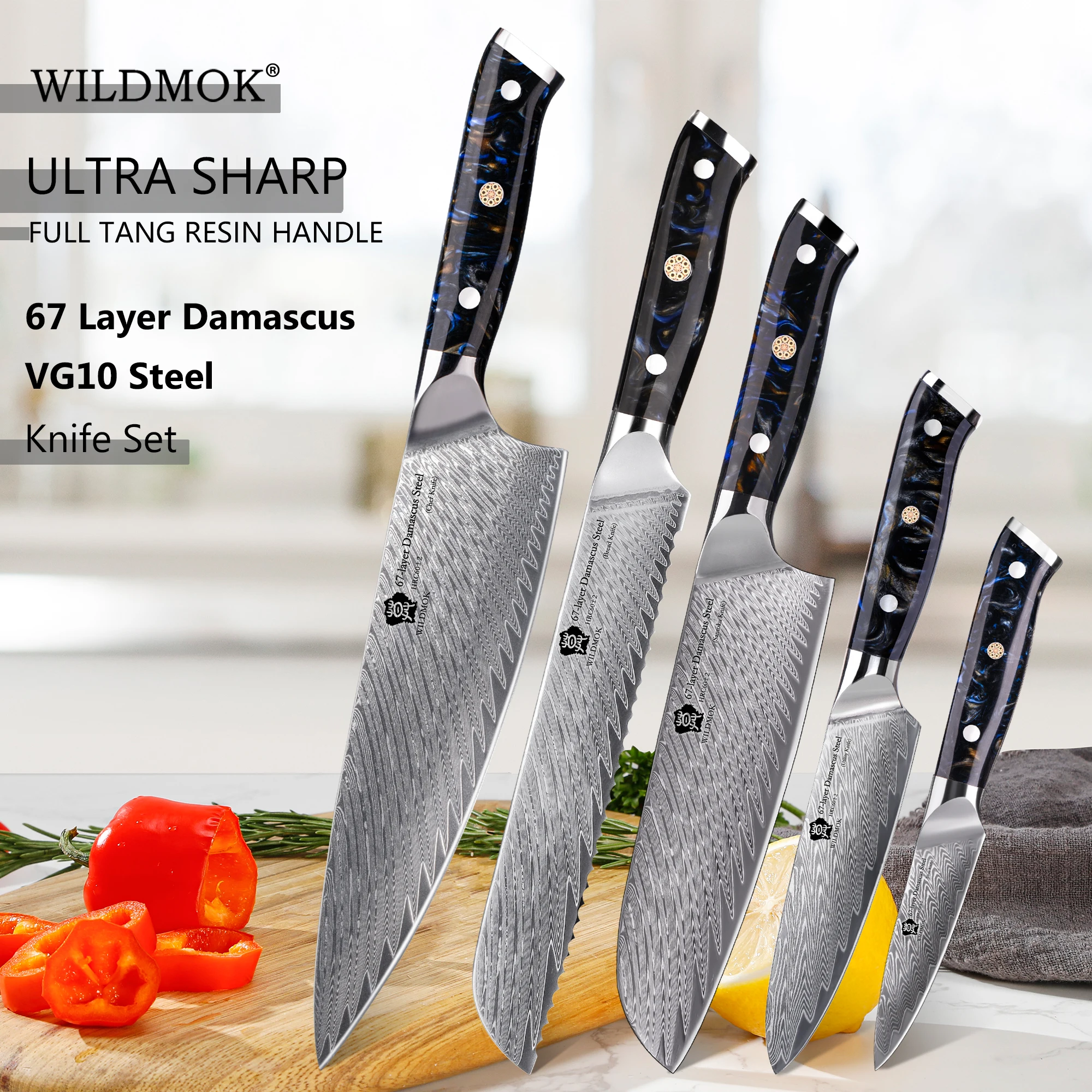 WILDMOK Damascus VG10 Steel Chef Knife Set 5 pcs,Premium Kitchen Chef Knife Set Resin Handle with Gift Box