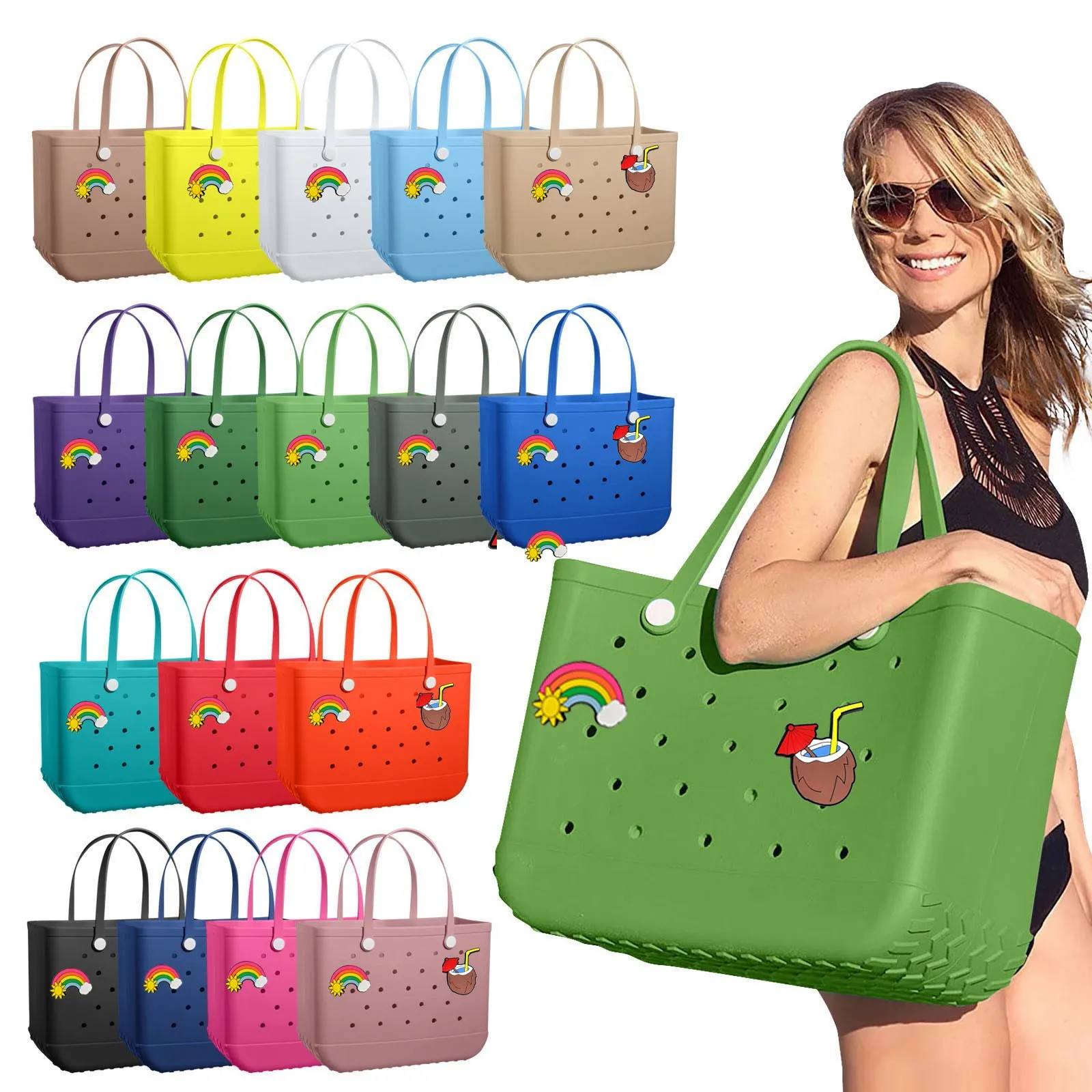 

Fashion Large Beach Bags EVA Rubber Waterproof Storage Baskets Travel Shopping Handbag Women Shoulder Solid Color Jelly Bag