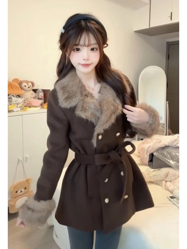 

Осенне-зимнее шерстяное пальто в винтажном стиле с поясом, приталенное, теплое, с клетчатой отделкой, длинное, женское, модное, верхняя одежда