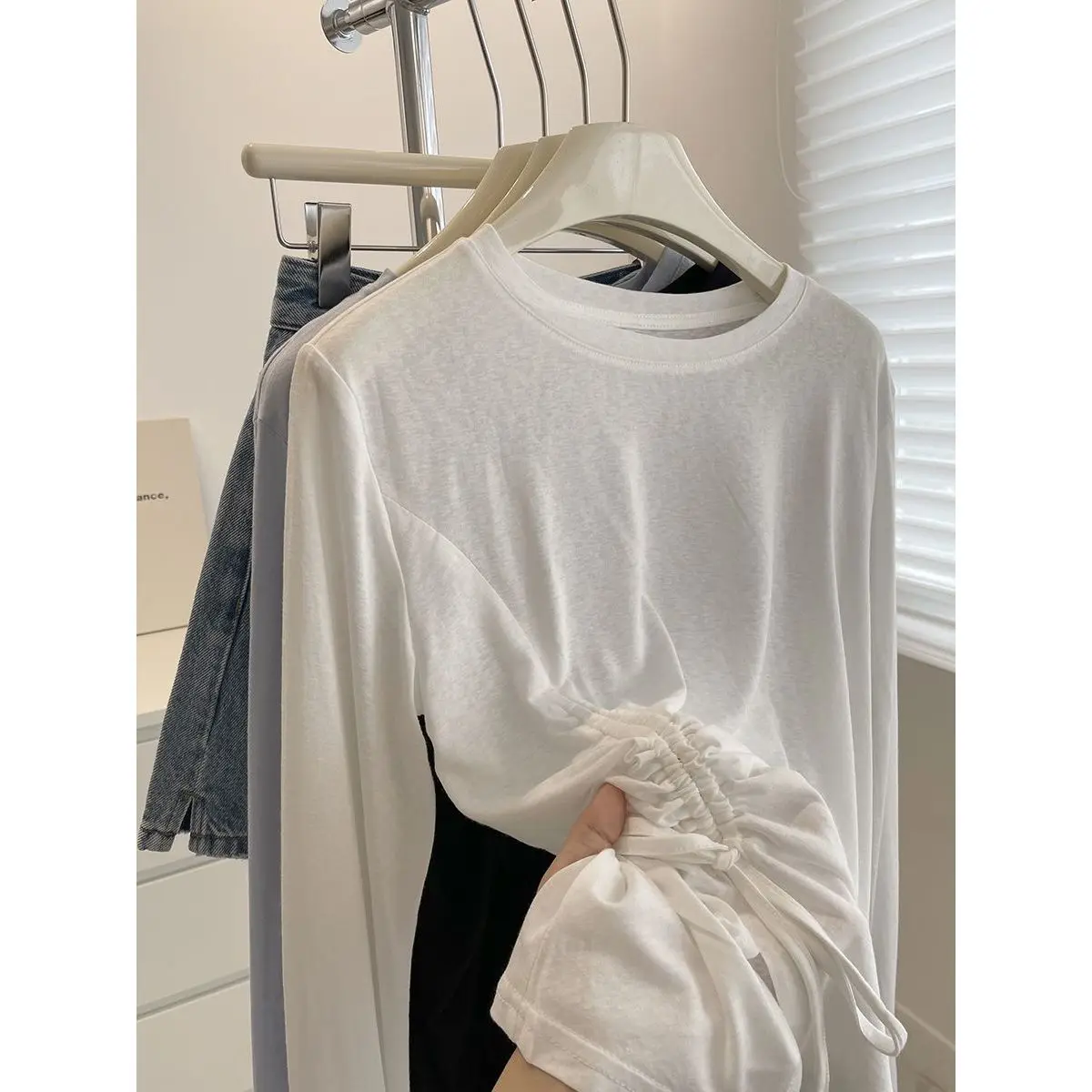 Comfortable Long Sleeve Drawstring Cotton Sun Protection Shirt Women's Summer Cool Lightweight T-Shirt Korean Style Loose Fit