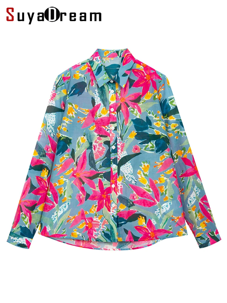 Suyadream Vrouw Bloemen Shirts 30% Zijde 70% Katoen Lange Mouwen Franse Stijl Blouses 2022 Lente Herfst Gedrukt Top