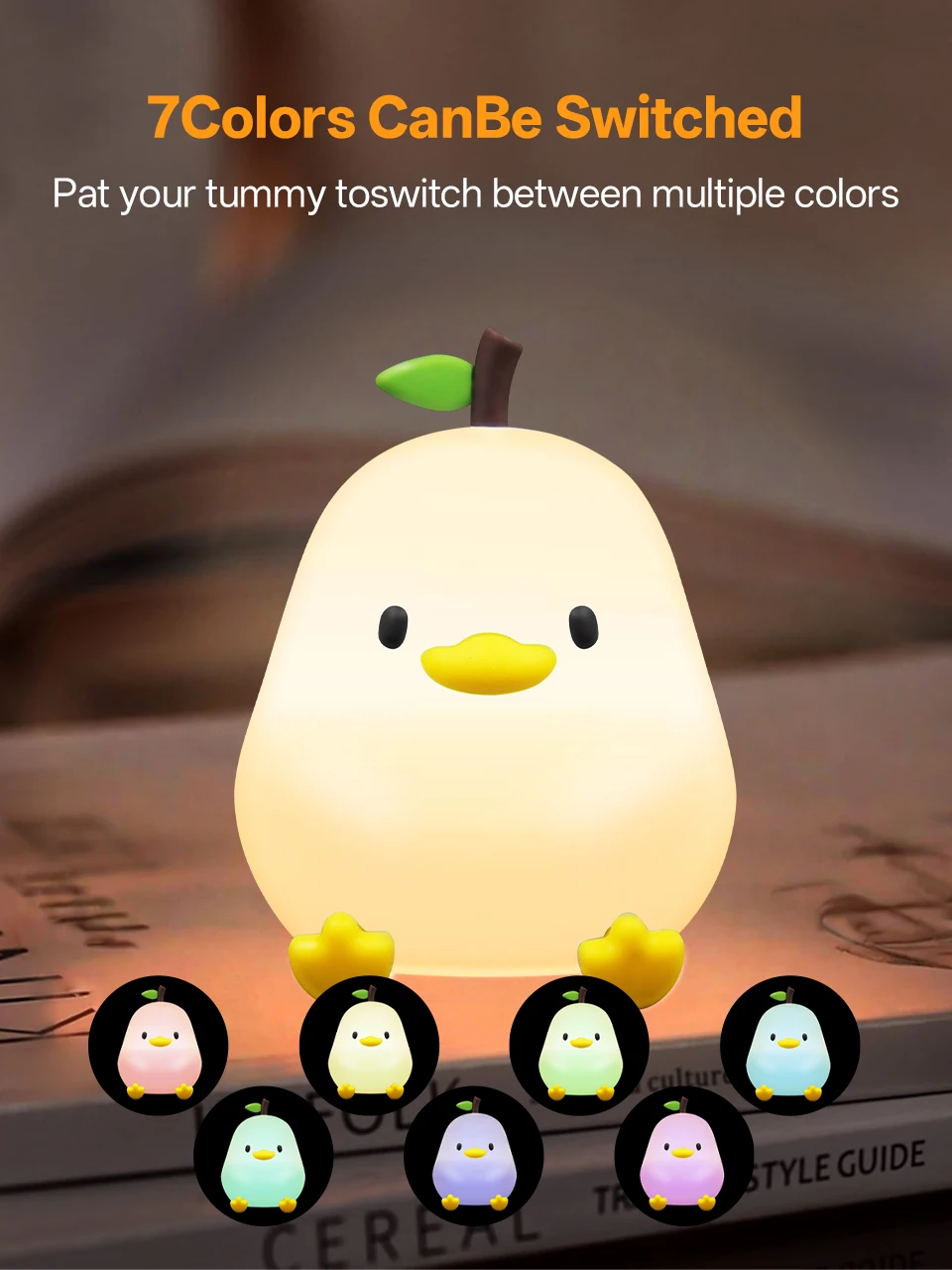 KFV Cute Pear Night Light 7-Color Dimmable Touch-Controlled Night Light Silicone Stress Reducing Pat Duck Lamp USB Rechargeable