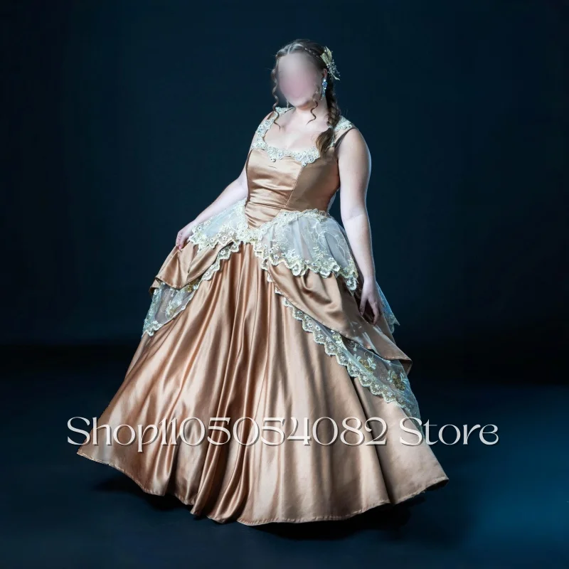 Historische Vintage-Abschlussballkleider aus Segeltuch mit Spitzenbesatz, viktorianische A-Linie und boden plissierte Champagner-Abendkleider nach Maß