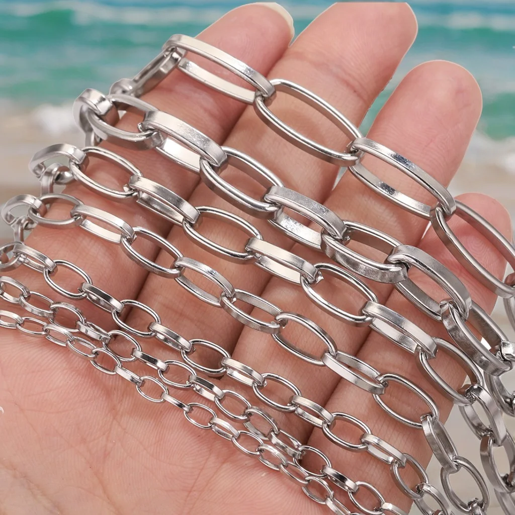 1M 3-9MM Wide Stainless Steel Clasp Chain for DIY Steel Color Necklace Bracelet Jewelry Making Accessories Connector Wholesale image 2