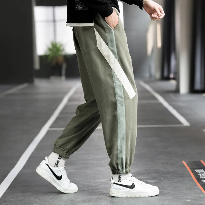 Letter Printing Elastic Pockets Contrast Color High Waisted Men's Clothing Boyfriend Bloomers Cargo Spring Autumn Commuter Pants