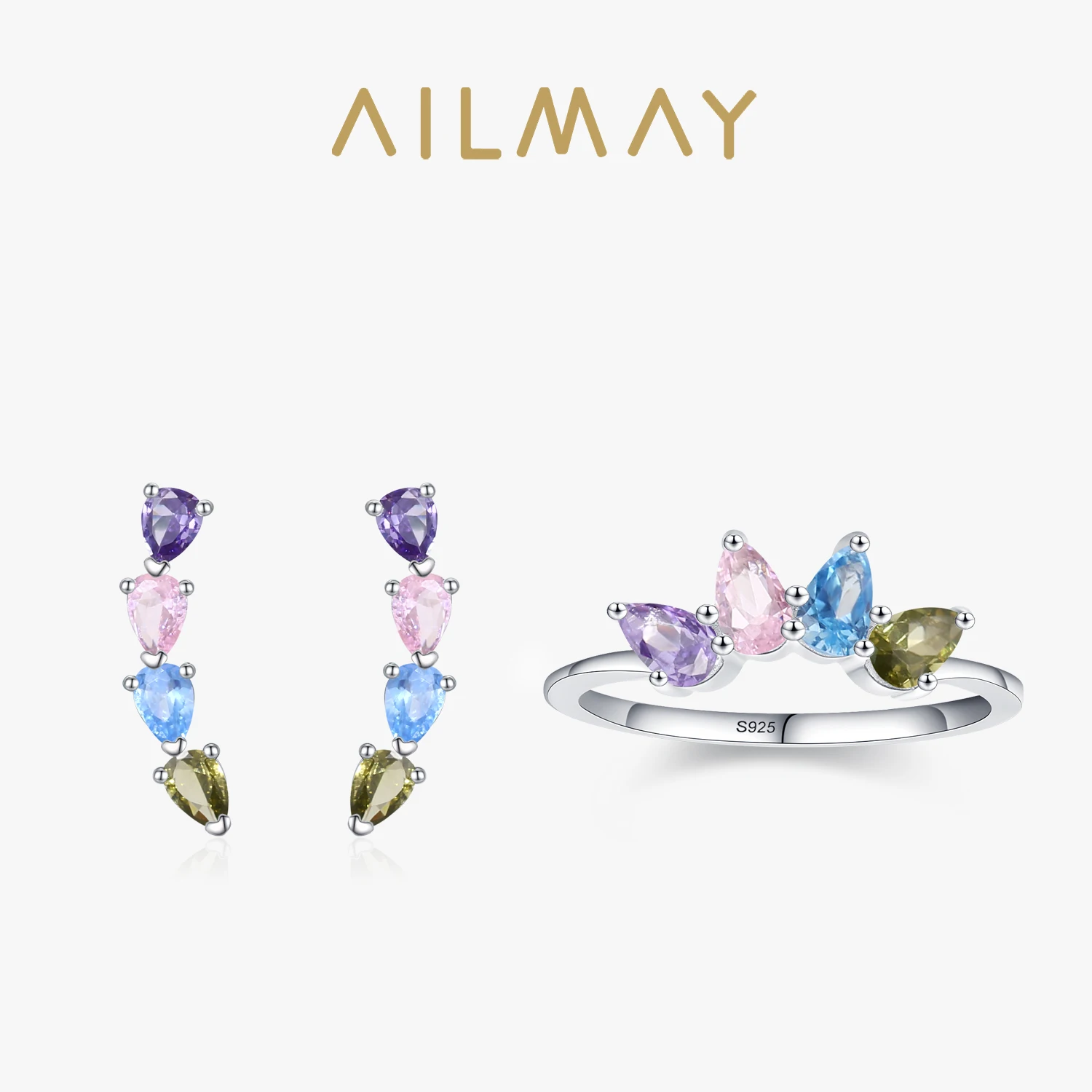 Ailmay 925 Sterling Silver Trendy Water Drop Shape Shiny Multicolour CZ Crown Jewelry Sets For Women Luxury Wedding Fine Jewelry