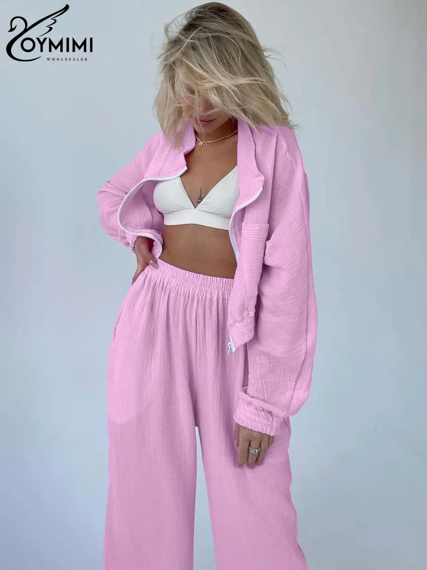 Oymimi Fashion Pink Cotton Women's Two Pieces Set Elegant Long Sleeve Pockets Zipper Shirts And High Waist Simple Trousers Sets