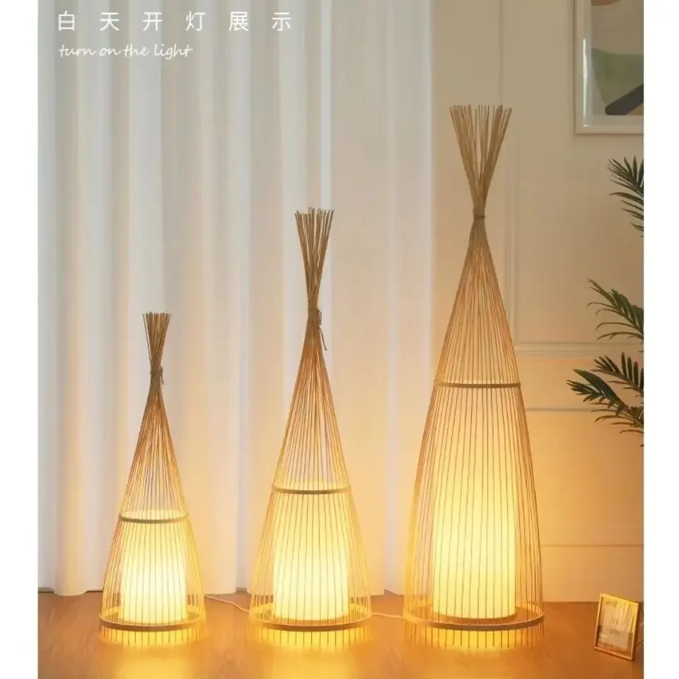 Chinese Style Hanmade Rattan Bamboo Led Floor Lamps for Living Room Sofa Side Standing Lights Bedroom Bedside Light Home Decor