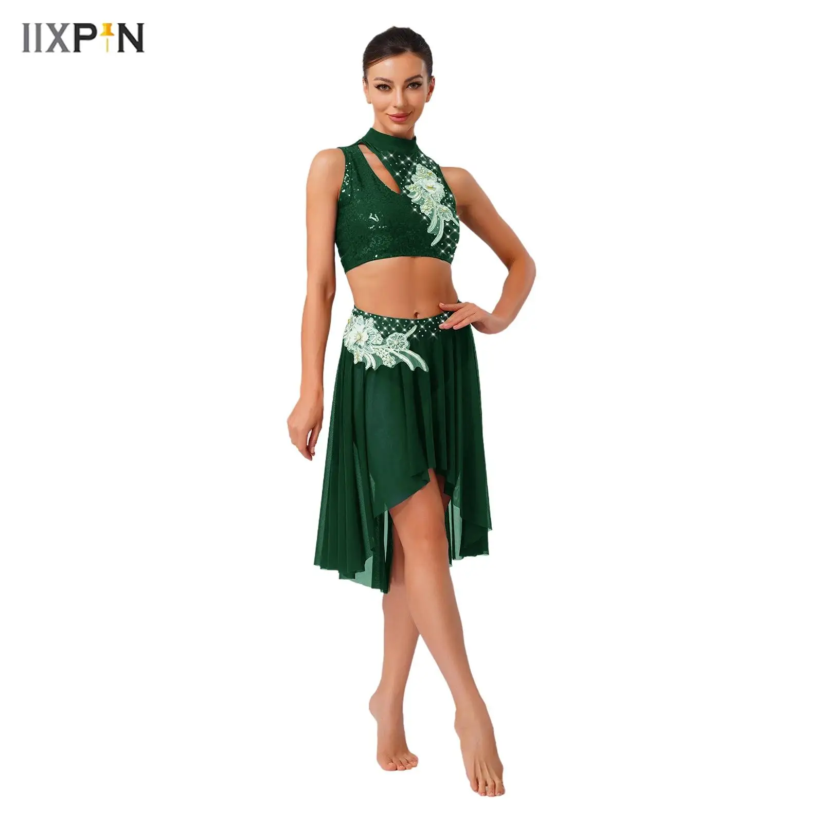 

Women's Lyrical Dance Outfits Embroidery Applique Sleeveless Hollow Out Crop Top+Mesh Hem Briefs Skirt Dancewear 2-piece Set