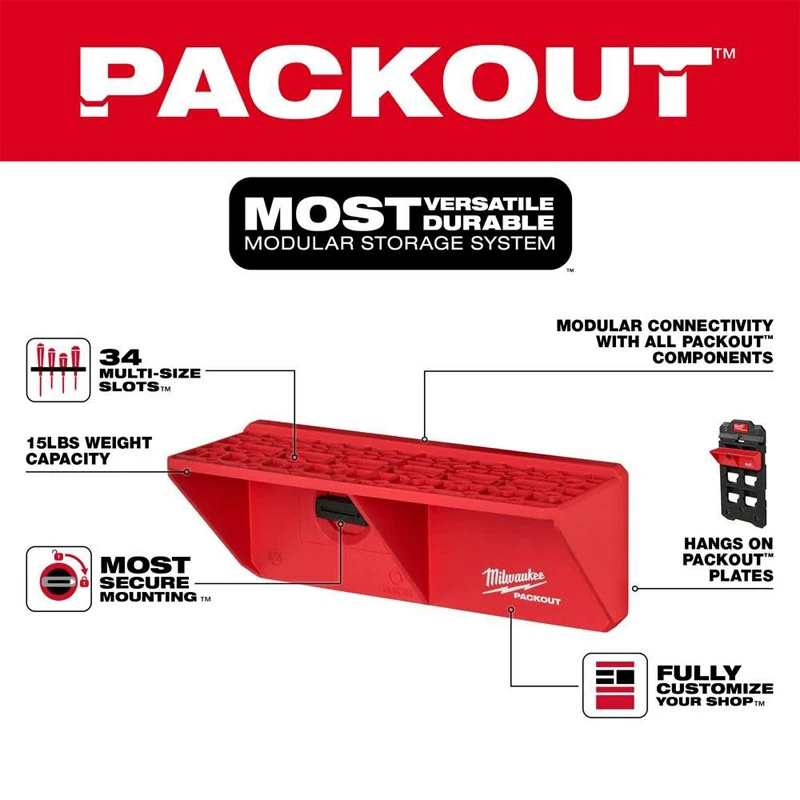 Milwaukee 48-22-8341 PACKOUT Screwdriver Rack 34 Multi-Size Slots Securely Solid Wall Mounted DIY Storage Tool