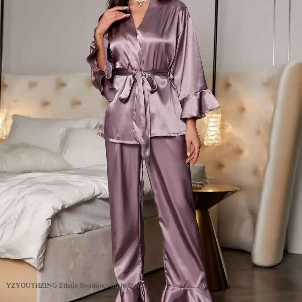 

Purple Satin Cardigan Trouser Pijamas Suits New Women Pajamas Set Home Clothing Spring Summer Loose Pyjama Pour Femme Loungewear