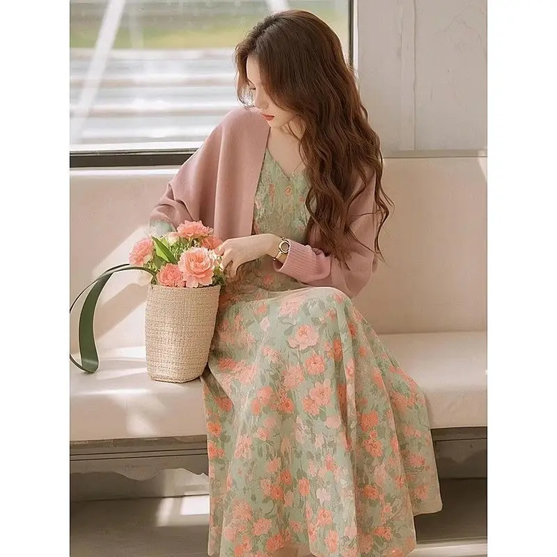 

Women's Spring Autumn Chic Graceful Thin Knit Cardigan Sling Dress Two Piece Set 2025 New Lady Solid Shirt Camisole Dresses Suit