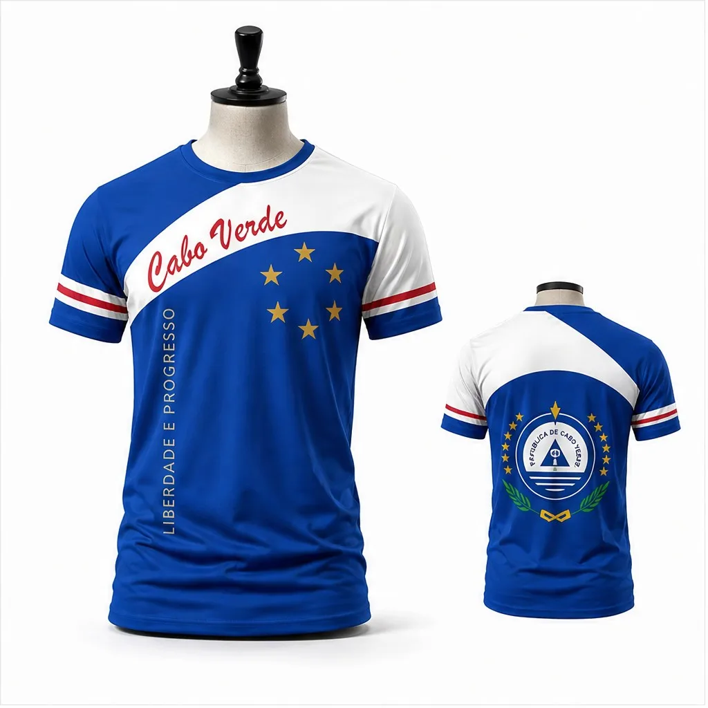 Mens Cabo Verde Crew Neck T Shirt Blue White Print Short Sleeve Casual Top Crest Style Graphic Front Back Streetwear Graphic Tee
