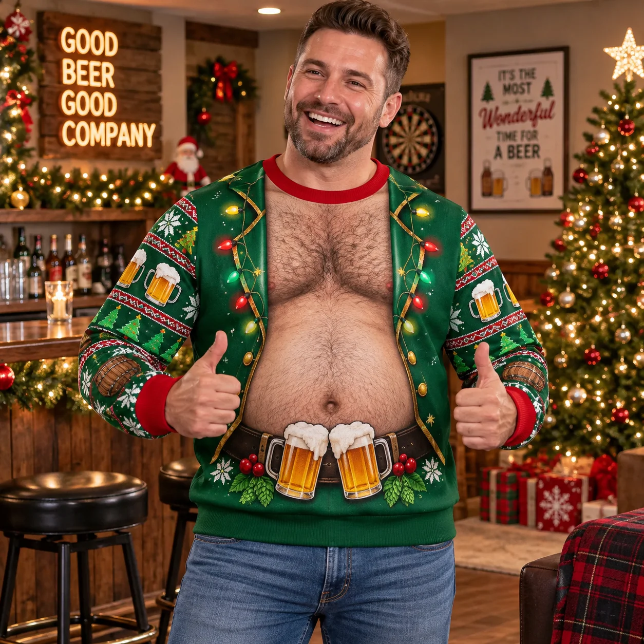 Beer Belly Dad Bod Ugly Christmas Sweater Men 3D Print Polyester Crewneck - usage example