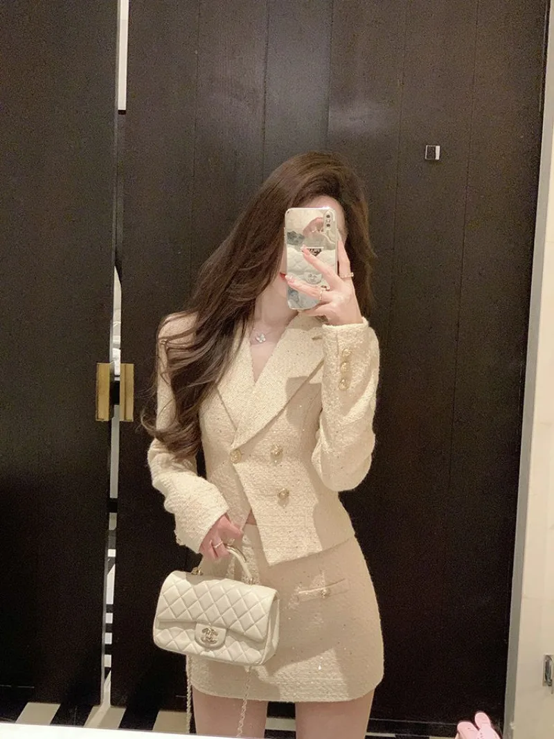 Nuovo piccolo profumo moda sottile abito da donna di fascia alta elegante manica lunga cappotto corto + minigonna tinta unita set a due pezzi