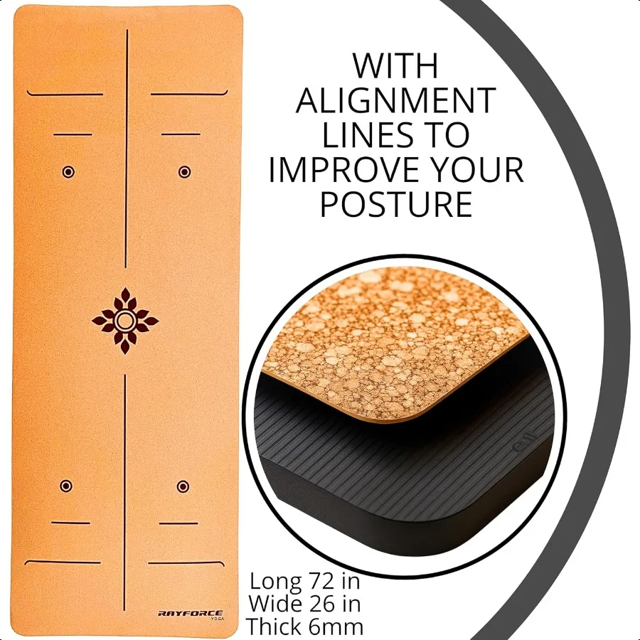 Mata do jogi i pilatesu z wysokiej jakości korku 72x26 cali 6mm antypoślizgowa XL mata do ćwiczeń z liniami orientacyjnymi, dodatkową amortyzacją i paskiem do przenoszenia, zielona