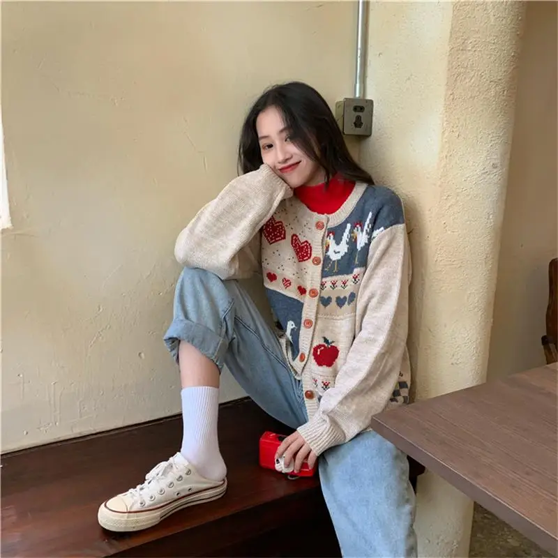 Vintage Casual Loose Love Cardigan Sweater Women\'s Sweaters Japanese Kawaii Ulzzang Female Korean Harajuku Clothing For Women