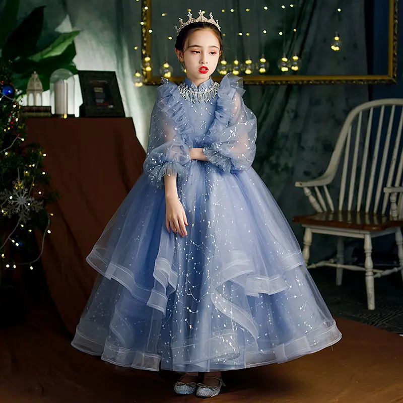 Children Girls Lace Long Sleeve Princess Evening Dress Prom Wedding Birthday Party Flower Girl Dresses for Weddings Vestido