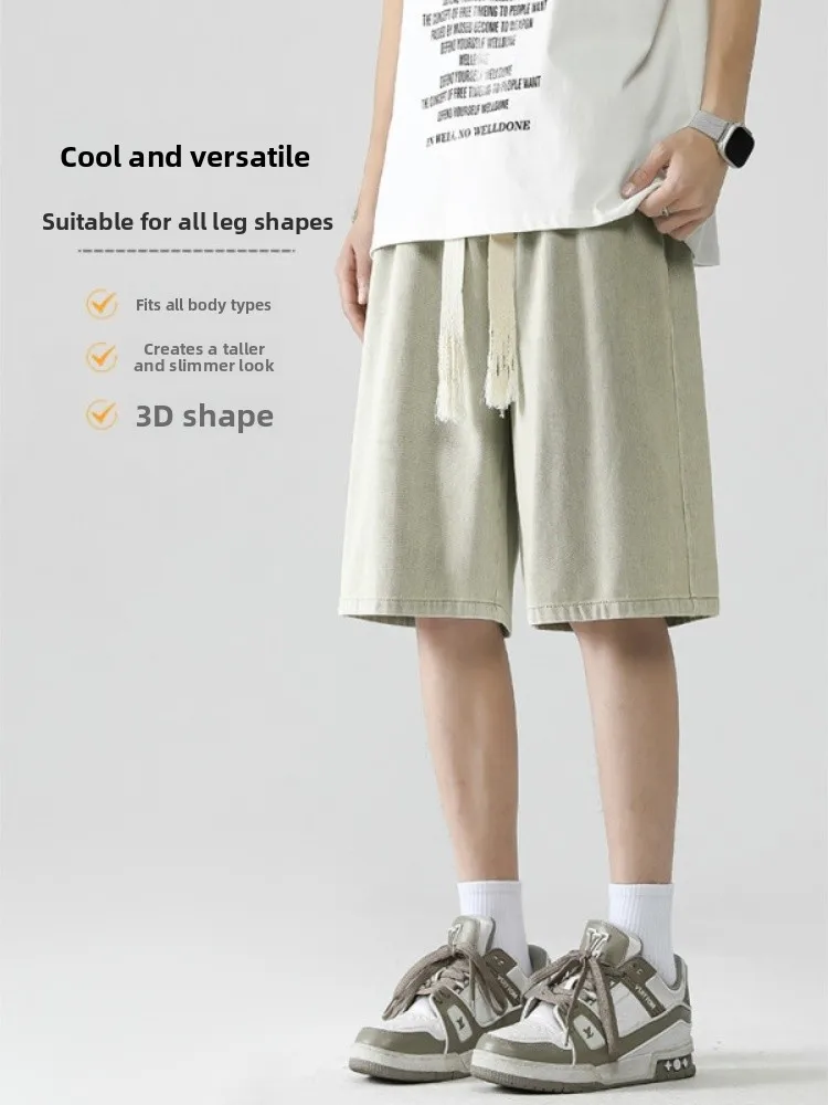 

Waed Vintage Men's Denim orts Summer High Street Oversize Straight Leg Wide Leg Mid-Length Jeans ort-Length Pants