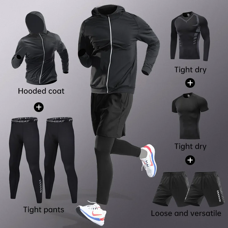Running sportswear set men's autumn and winter fitness wear fast dry clothes professional training morning run outdoor cycling