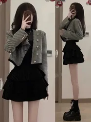 French Sweet Plaid Coat Cake Skirt Two Piece Set Women Single Breasted Temperament Academy Slim Spring Chic Gentle Female Suit