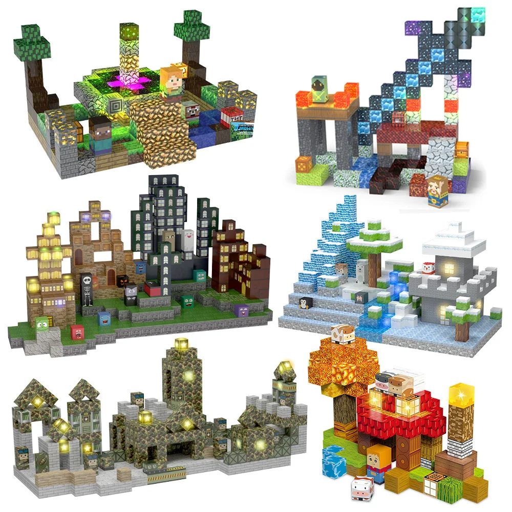 Kit de bloques de construcción de cubos magnéticos, escena de construcción de la serie de granja militar con iluminación, juguetes ensamblados con imán DIY para regalo de chico