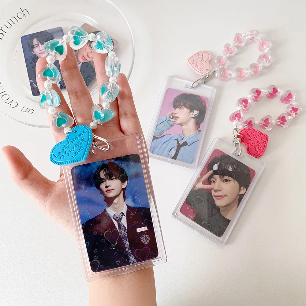 

Минималистичный держатель для карт из прозрачных бусин в форме сердца для коллекции фотографий K-Pop Idol, акриловый брелок, подвеска-дисплей
