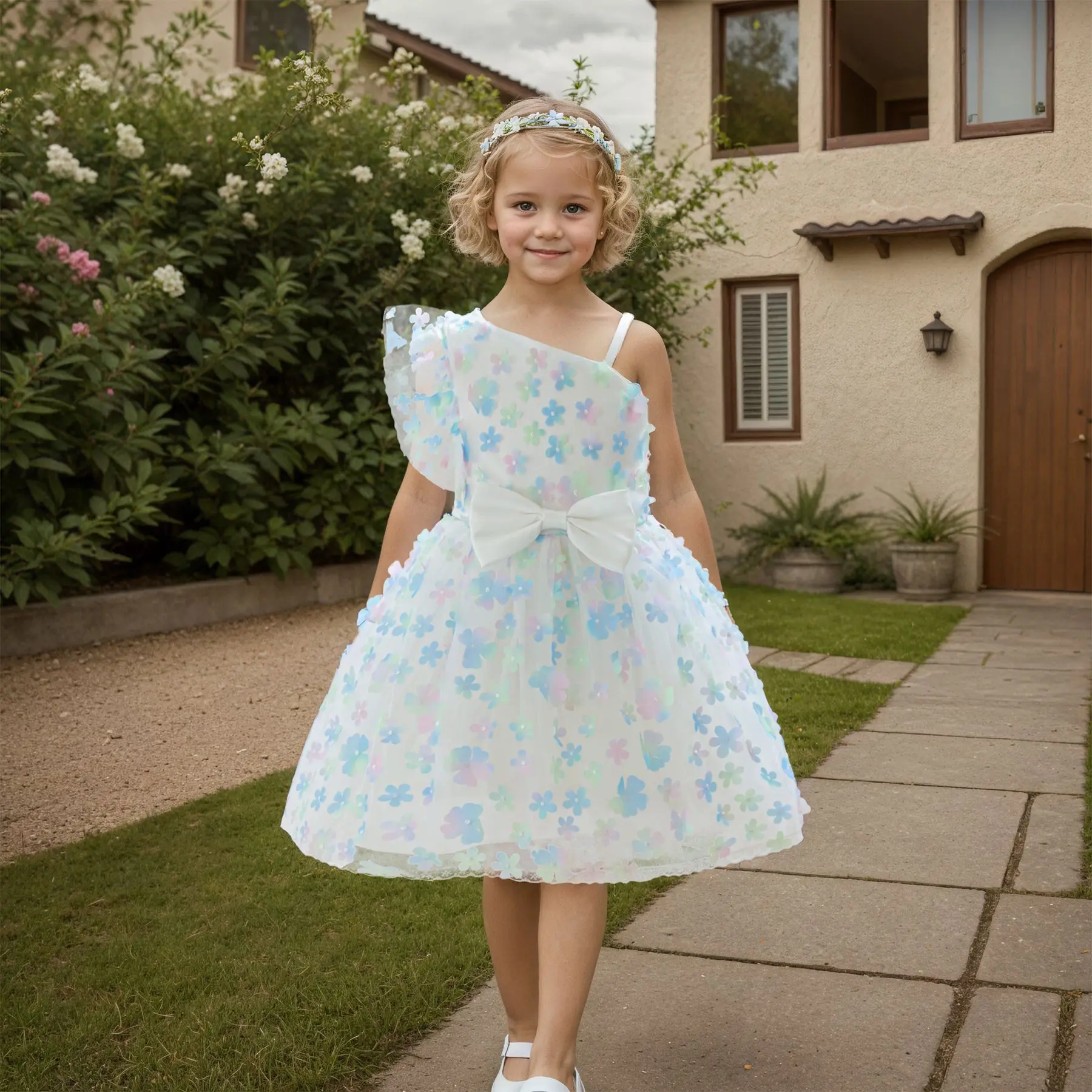 Fashion Embroidery Flower Girl Princess Dress One-shoulder Lace Birthday Party Dresses For Girls Elegant Evening Prom Dress