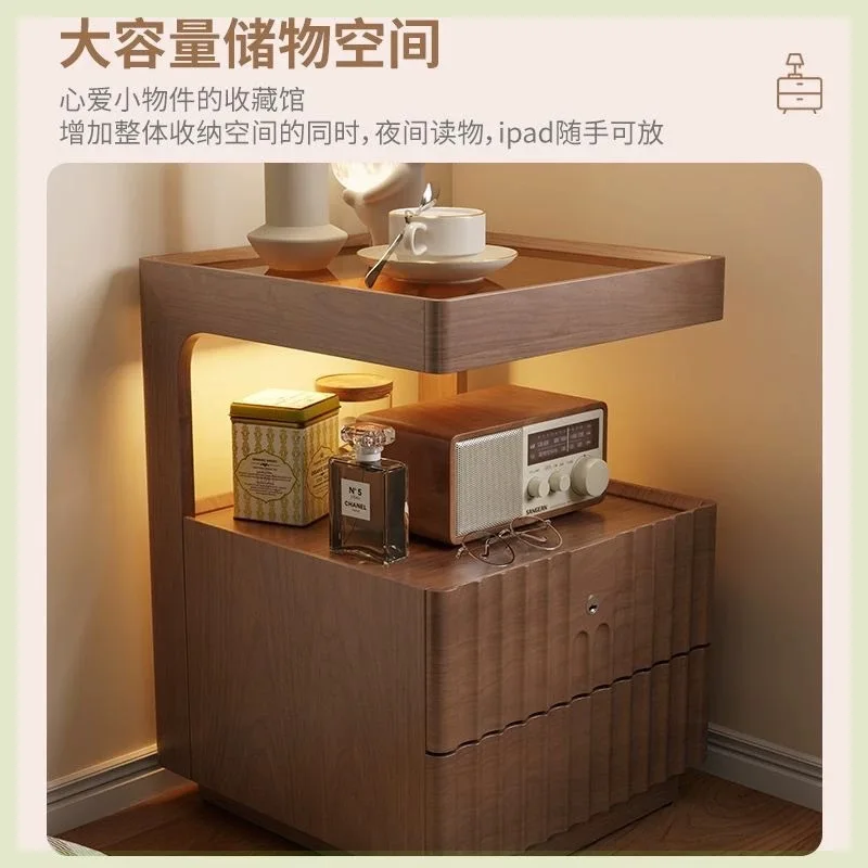 Middle Ages Wooden Bedside Cabinet Removable Upper Tray Vertical Fluted Double Drawer Multi Storage Bedside Cupboard Furniture