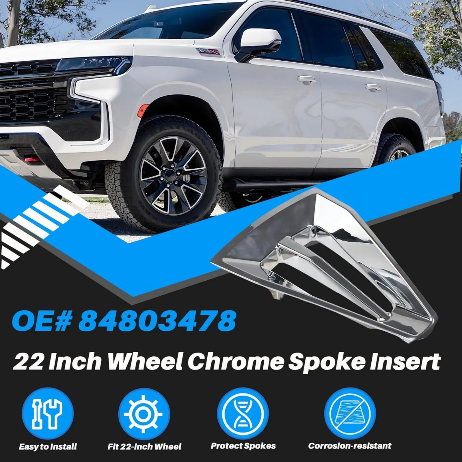 1pcs Wheel Chrome Spoke Trim Insert ABS Plastic OEM 84803478 For Chevrolet Tahoe Suburban Silverado 1500 2021-2025 Replacement