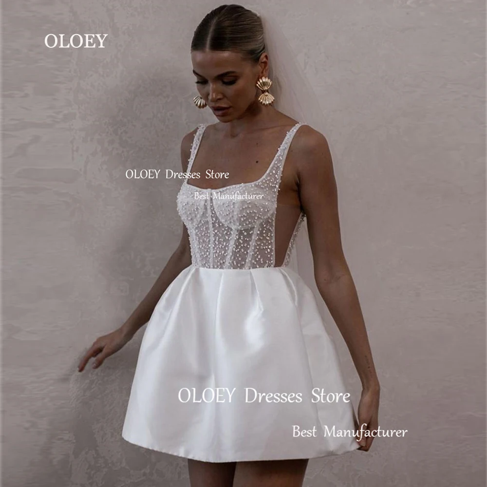 

OLOEY Ivory Sexy Mini Wedding Dress Spaghetti Straps Long Sleeves Beading Lace A Line Bridal Dress Graduation Bridesmaid Gown